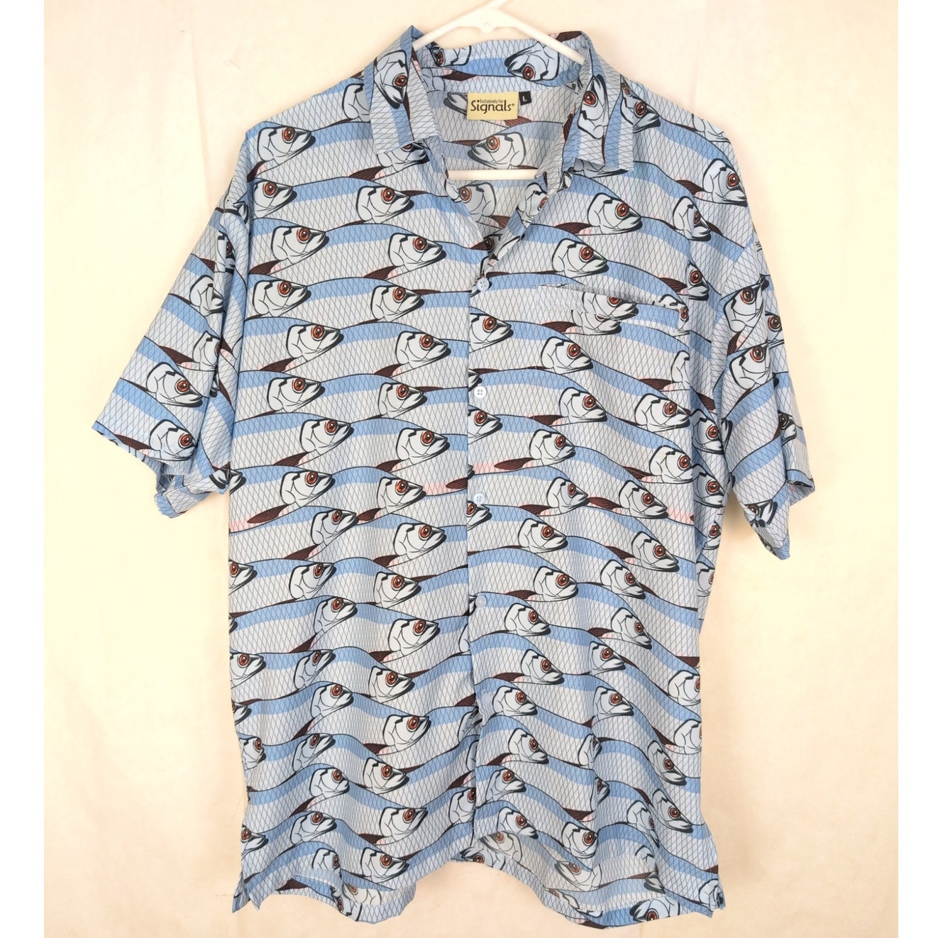 Signals Blue Fish Print Performance Polo Shirt Size Large Active Golf Fisherman